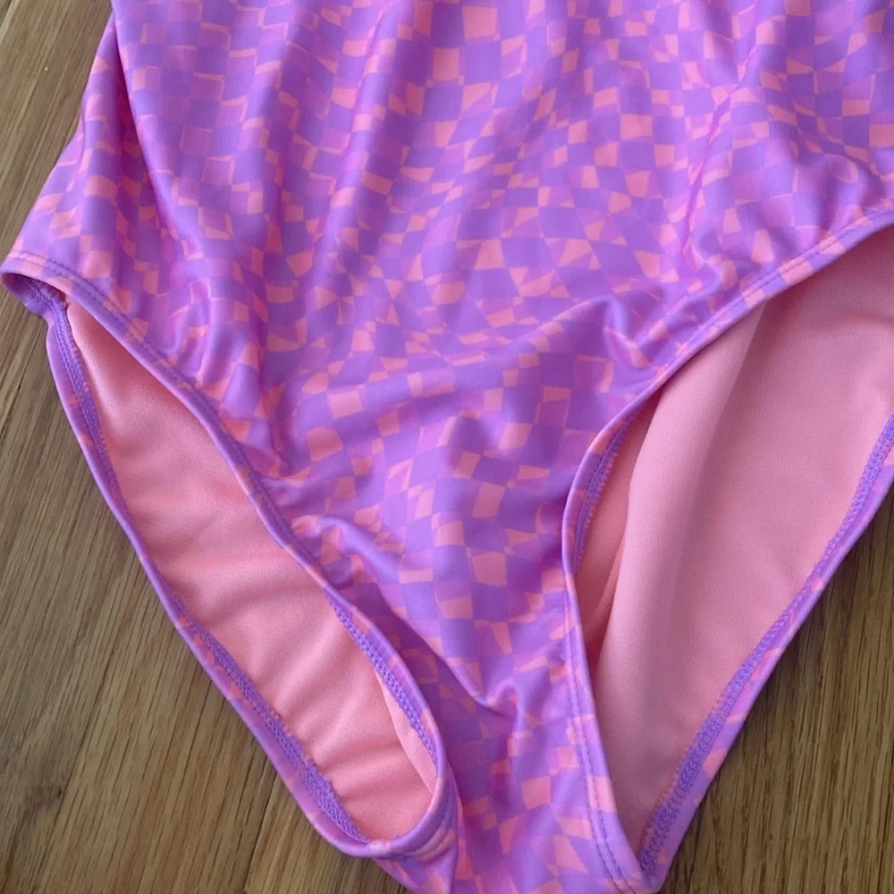 NWT Art Class Girls Pink and Purple Checkered One Piece Swimsuit Size XL